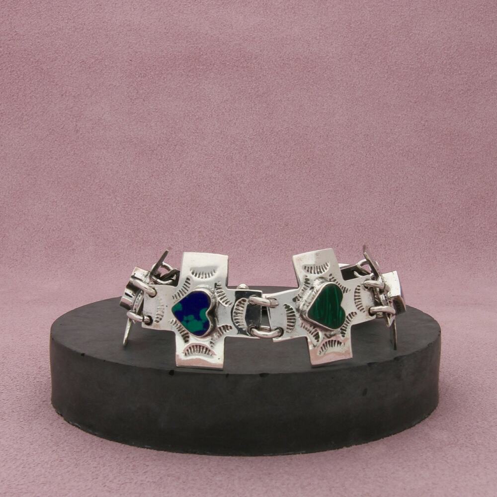 sterling silver vintage multi-stone hearts stamped cross bracelet size 7.25in